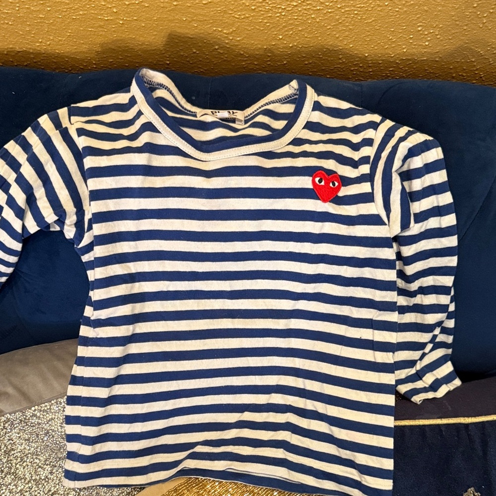 Unisex Comme des Garçons Striped Blue and White Kids Shirt with Heart Patch